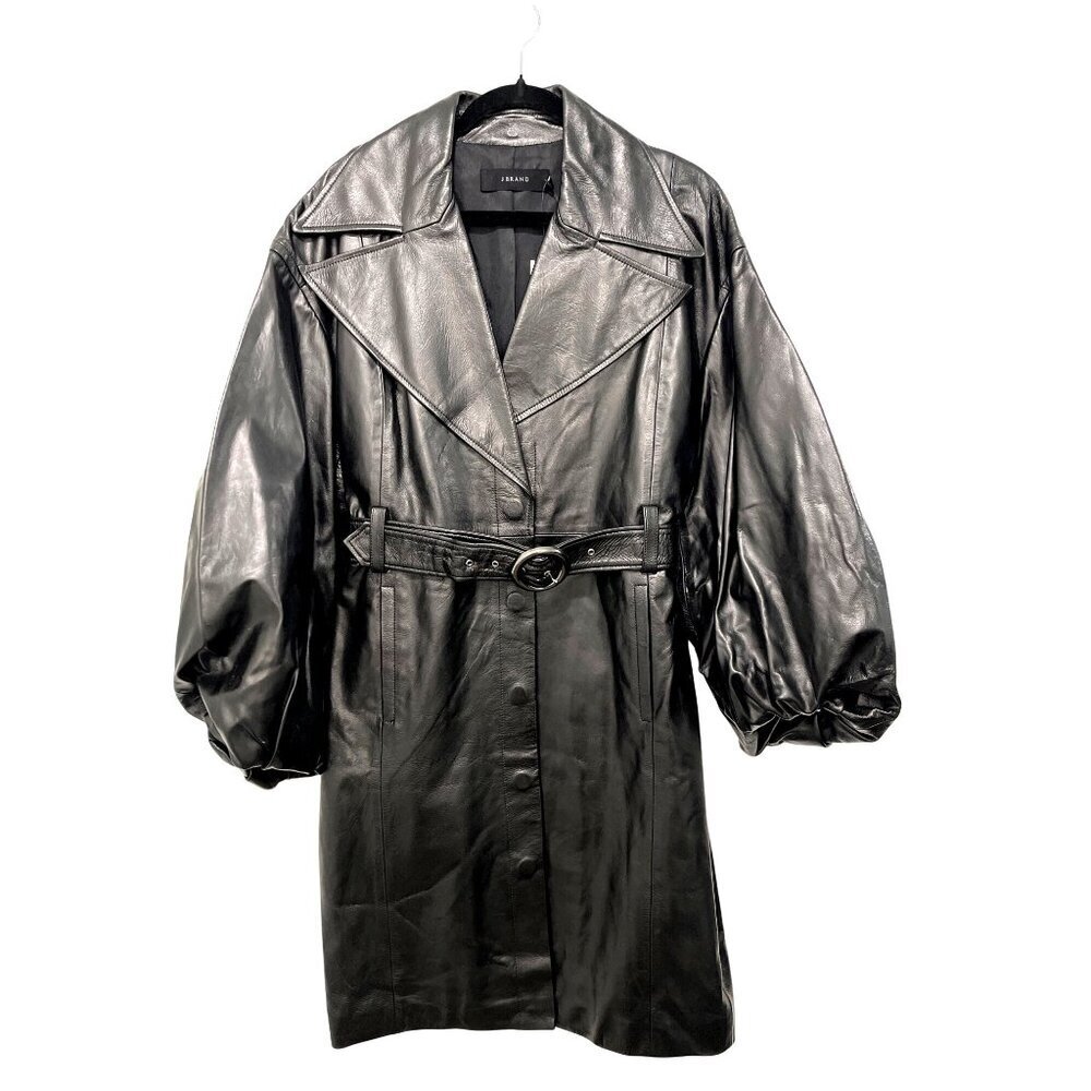 $1598 J Brand X Halpern Black Lamb Leather Trench Coat Balloon Sleeve Sz Small
